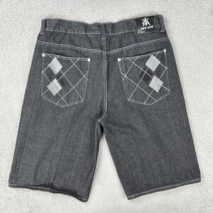 Y2K Red Ape Baggy Denim Shorts Men 40x14 Dark Wash Blue Jorts Embroidered Skater